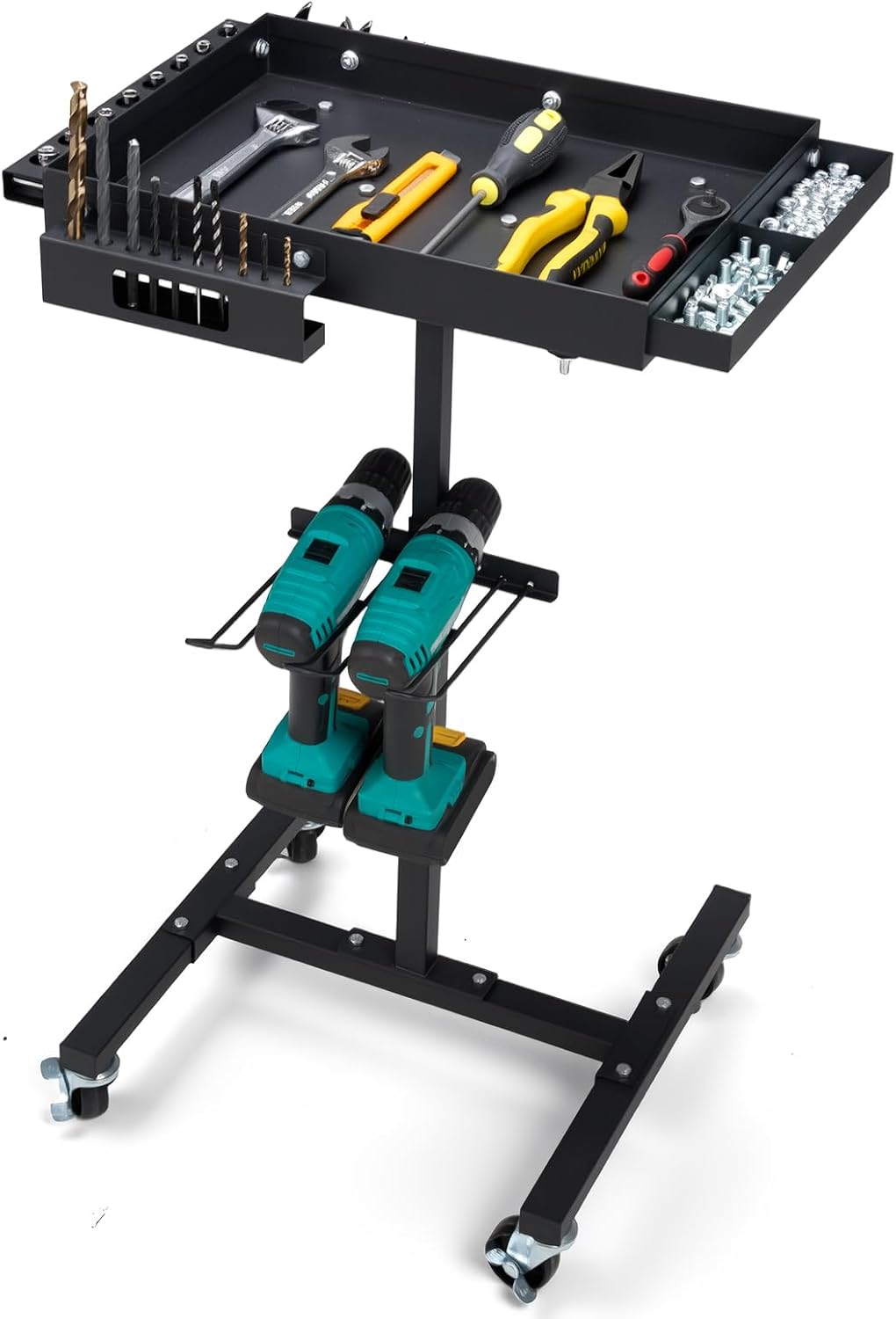 Adjustable Rolling Tool Cart with Drill Storage, Mobile Work Table