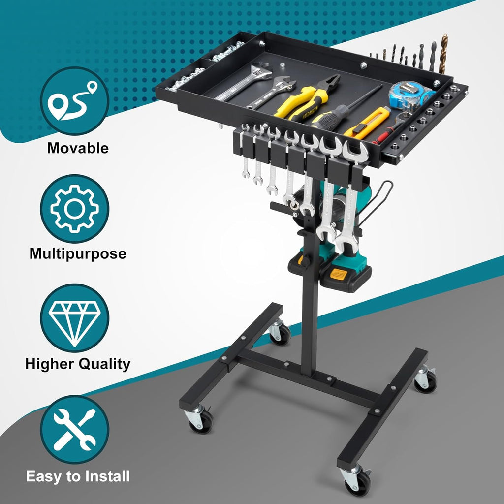 Adjustable Rolling Tool Cart with Drill Storage, Mobile Work Table