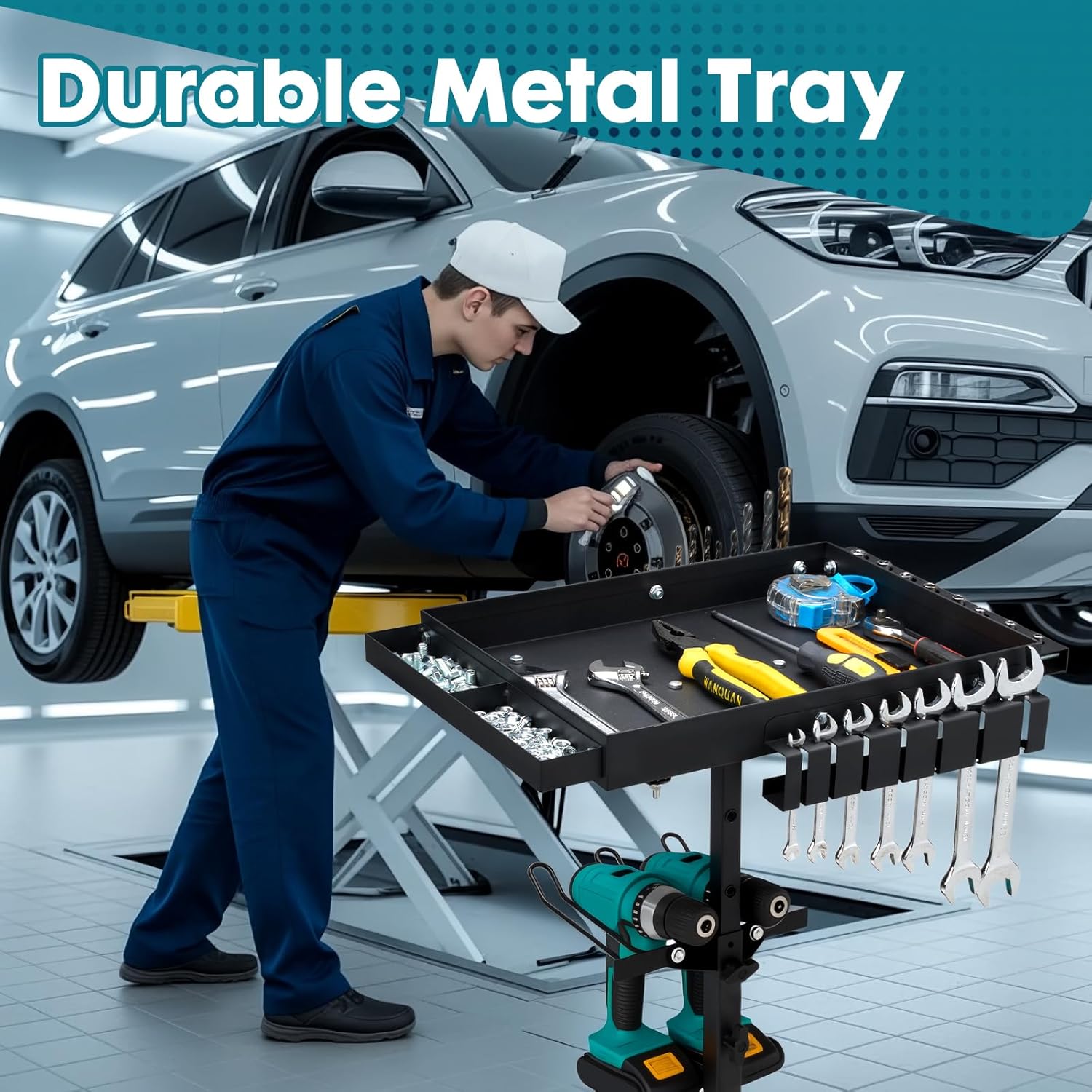 Adjustable Rolling Tool Cart with Drill Storage, Mobile Work Table