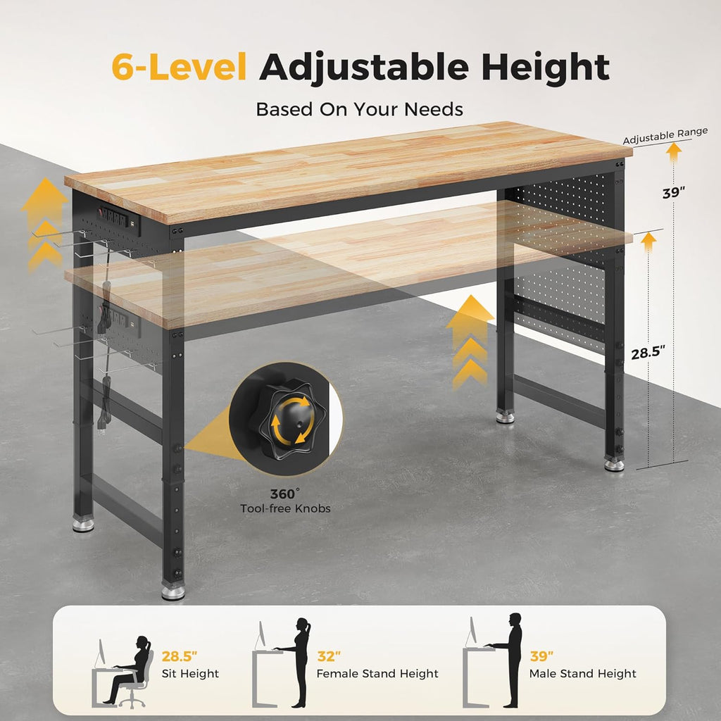 60" Heavy Duty Workbench with Power Outlets, Adjustable Work Table