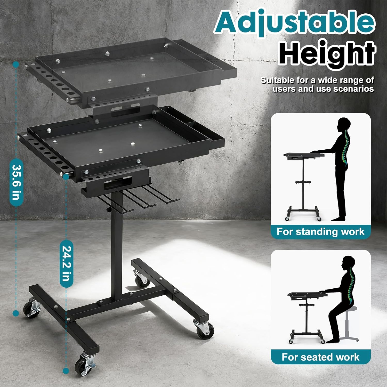 Adjustable Rolling Tool Cart with Drill Storage, Mobile Work Table