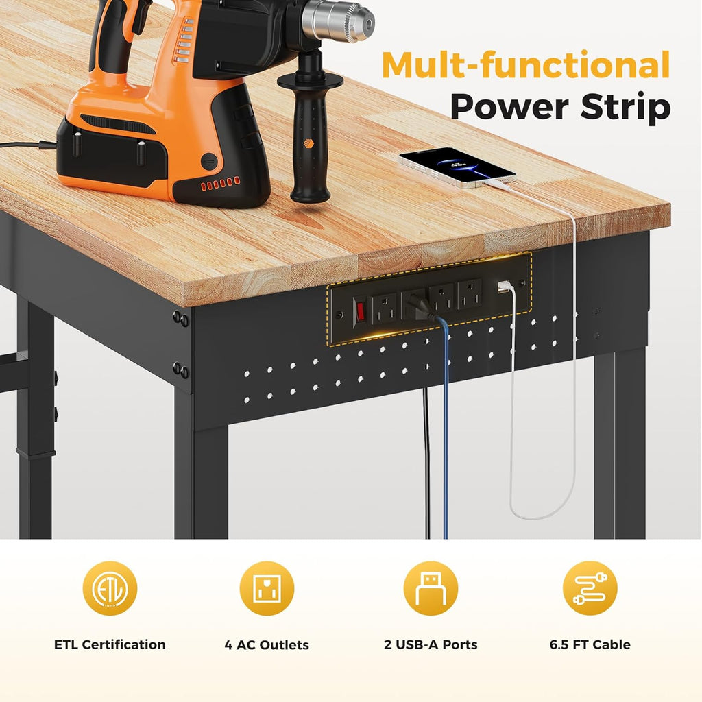 60" Heavy Duty Workbench with Power Outlets, Adjustable Work Table