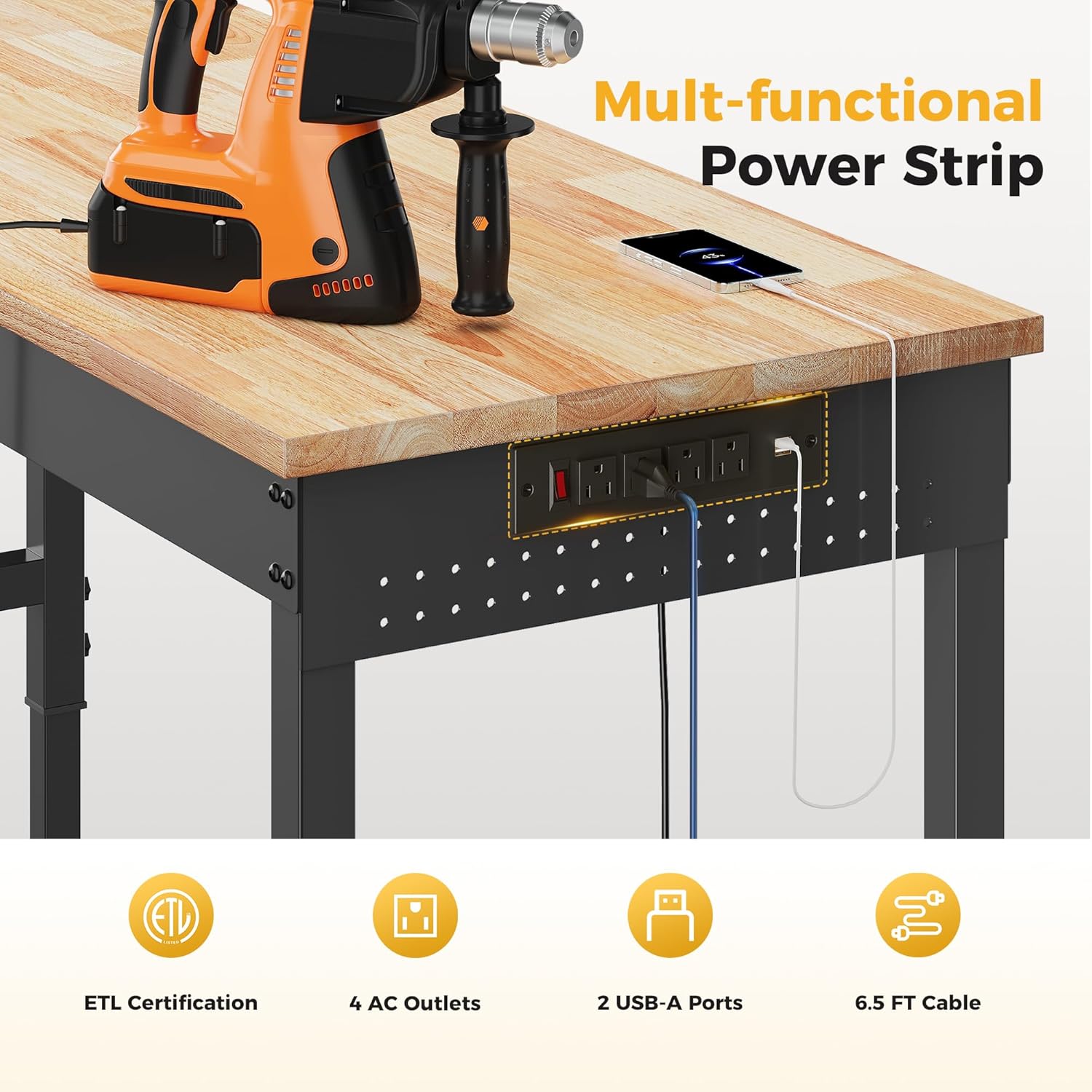 60" Heavy Duty Workbench with Power Outlets, Adjustable Work Table